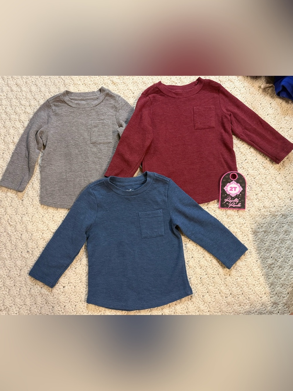 Cat & Jack Long-Sleeve Pocket Tee in Blue, Burgundy & Gray